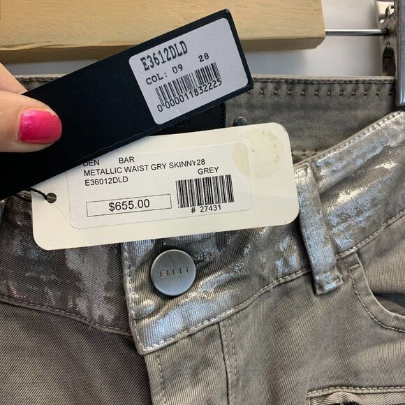 BARBARA Bui NWT Gray Silver Metallic Waist Skinny jeans stretchy slim fit Sz 28 - Picture 7 of 12